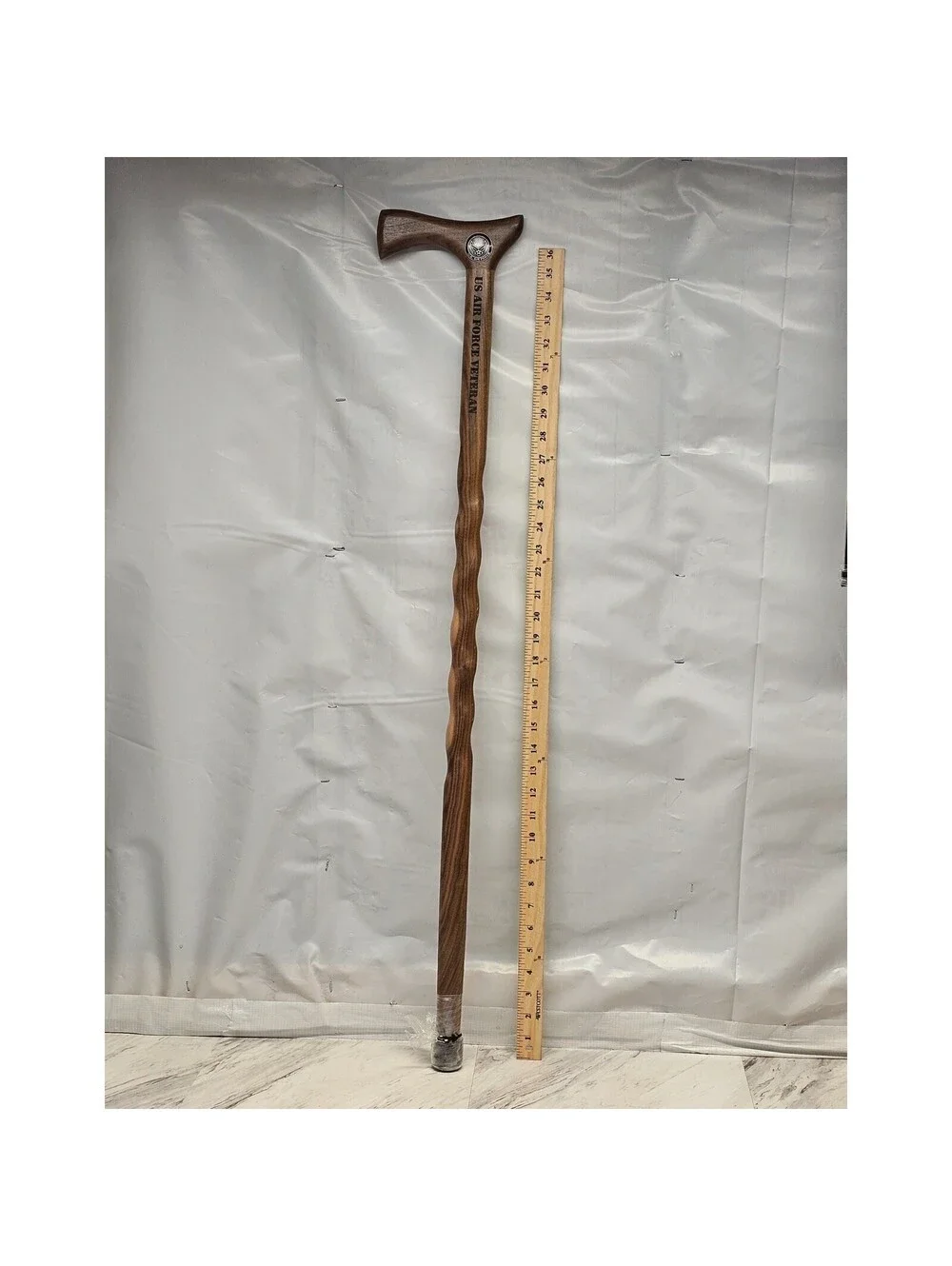 US Air Force Veteran Walnut Wood Walking Cane Spiral Carved Handcrafted Brown